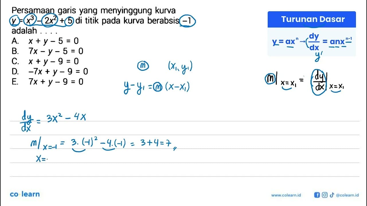 Persamaan garis yang menyinggung kurva y = x^3 - 2x^2 + 5