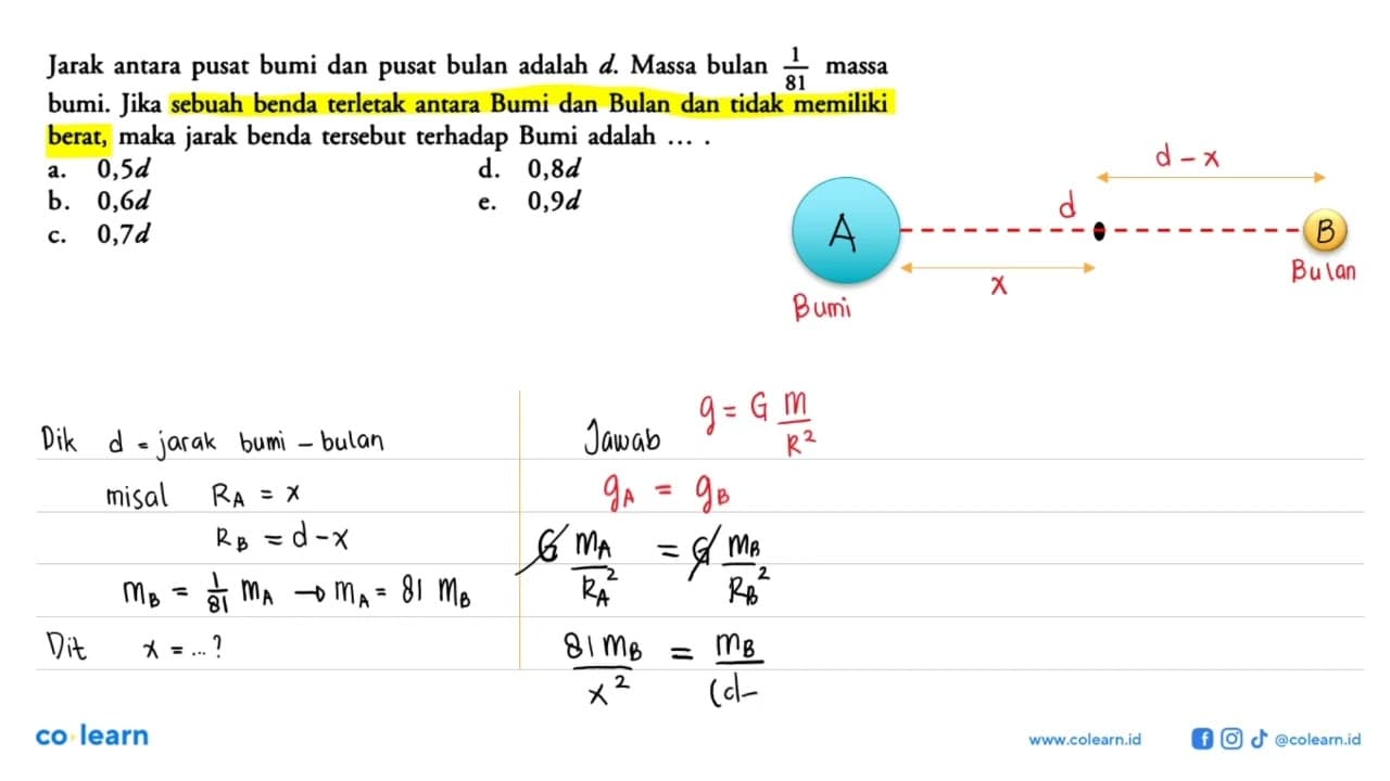 Jarak antara pusat bumi dan pusat bulan adalah d. Massa