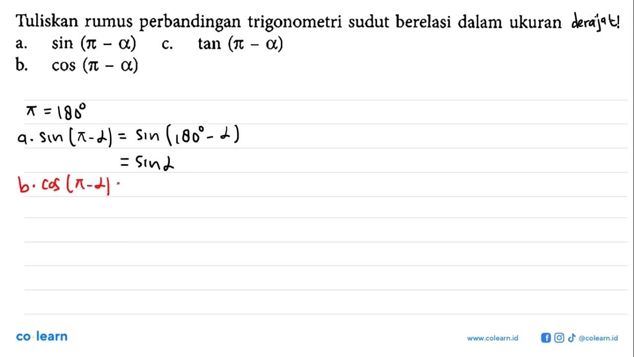 Tuliskan rumus perbandingan trigonometri sudut berelasi