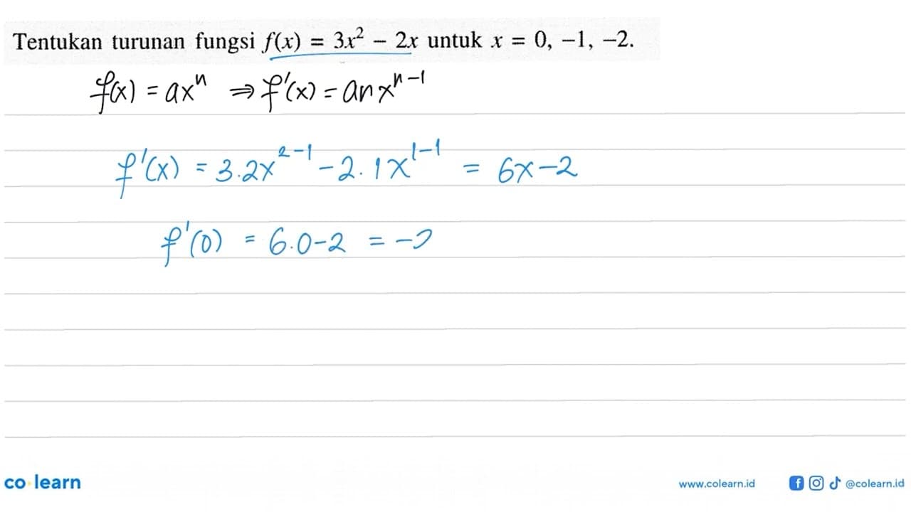 Tentukan turunan fungsi f(x)=3x^2-2x untuk x=0,-1,-2.