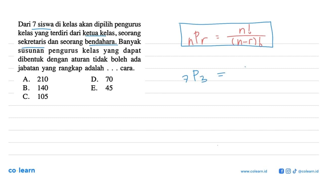 Dari 7 siswa di kelas akan dipilih pengurus kelas yang