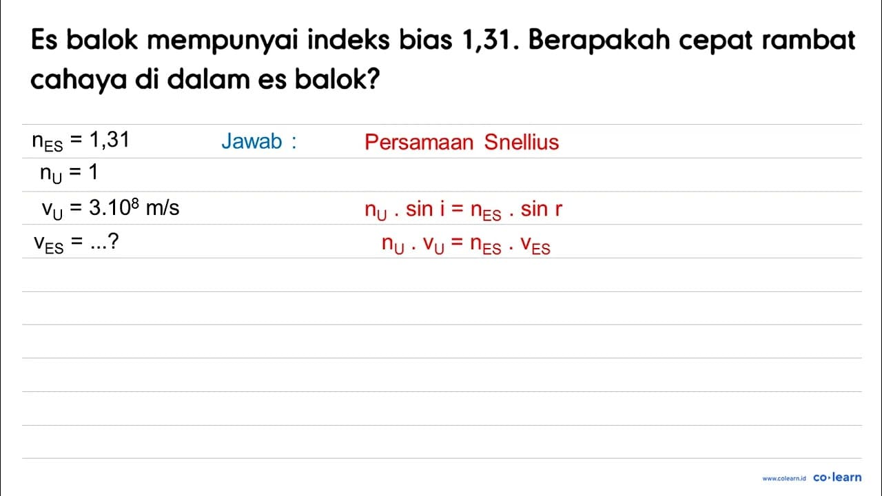 Es balok mempunyai indeks bias 1,31 . Berapakah cepat