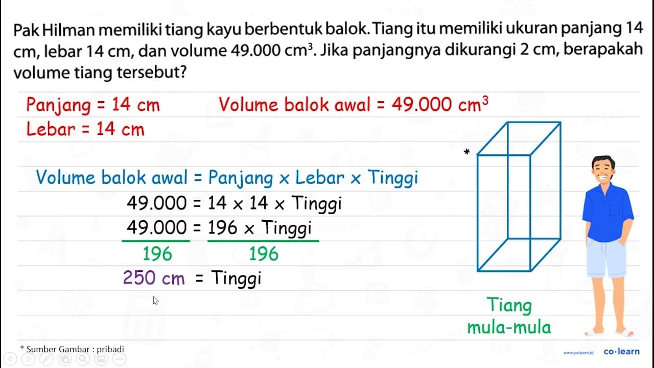 Pak Hilman memiliki tiang kayu berbentuk balok. Tiang itu