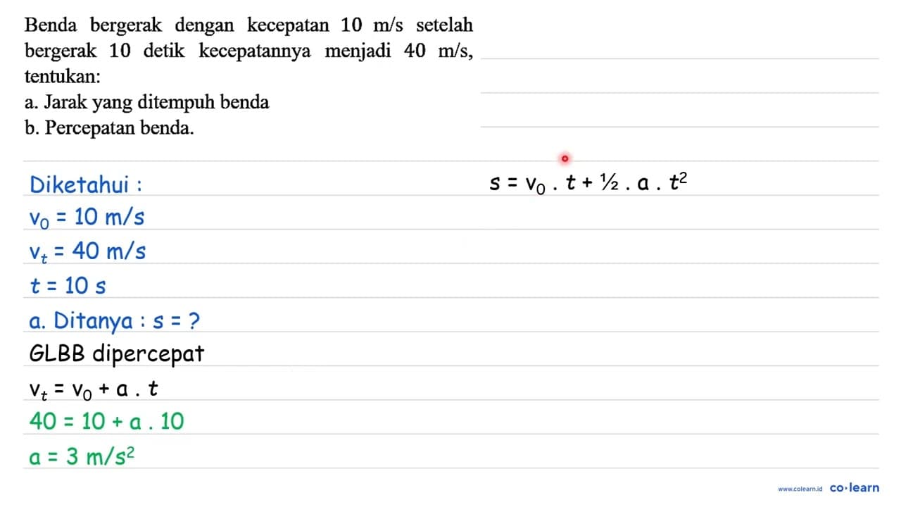 Benda bergerak dengan kecepatan 10 m/s setelah bergerak 10