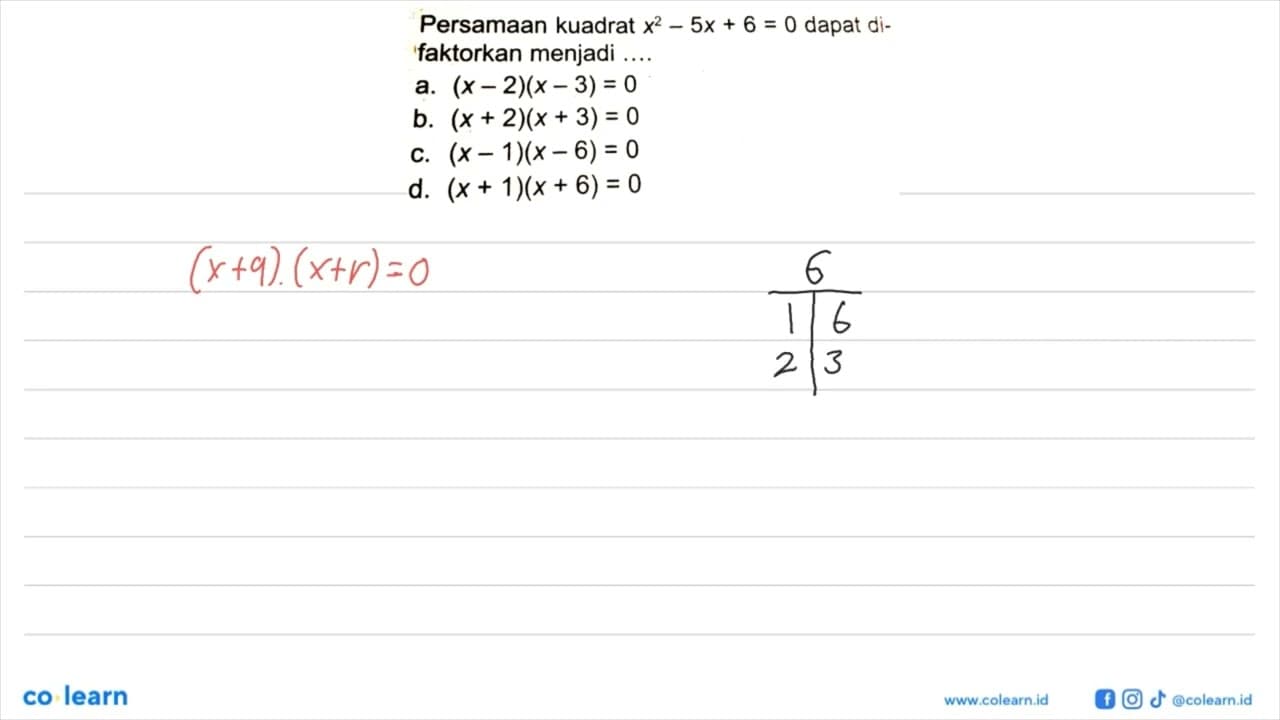 Persamaan kuadrat x^2 - 5x + 6 = 0 dapat difaktorkan