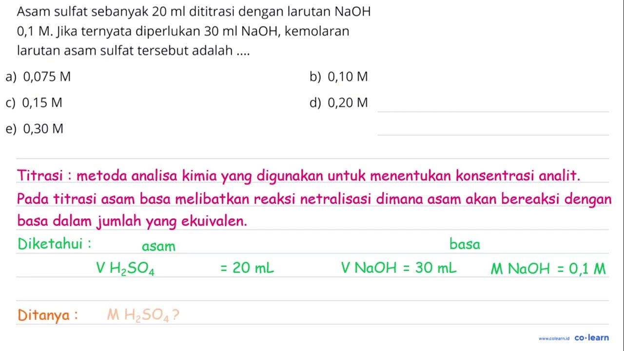 Asam sulfat sebanyak 20 ml dititrasi dengan larutan NaOH