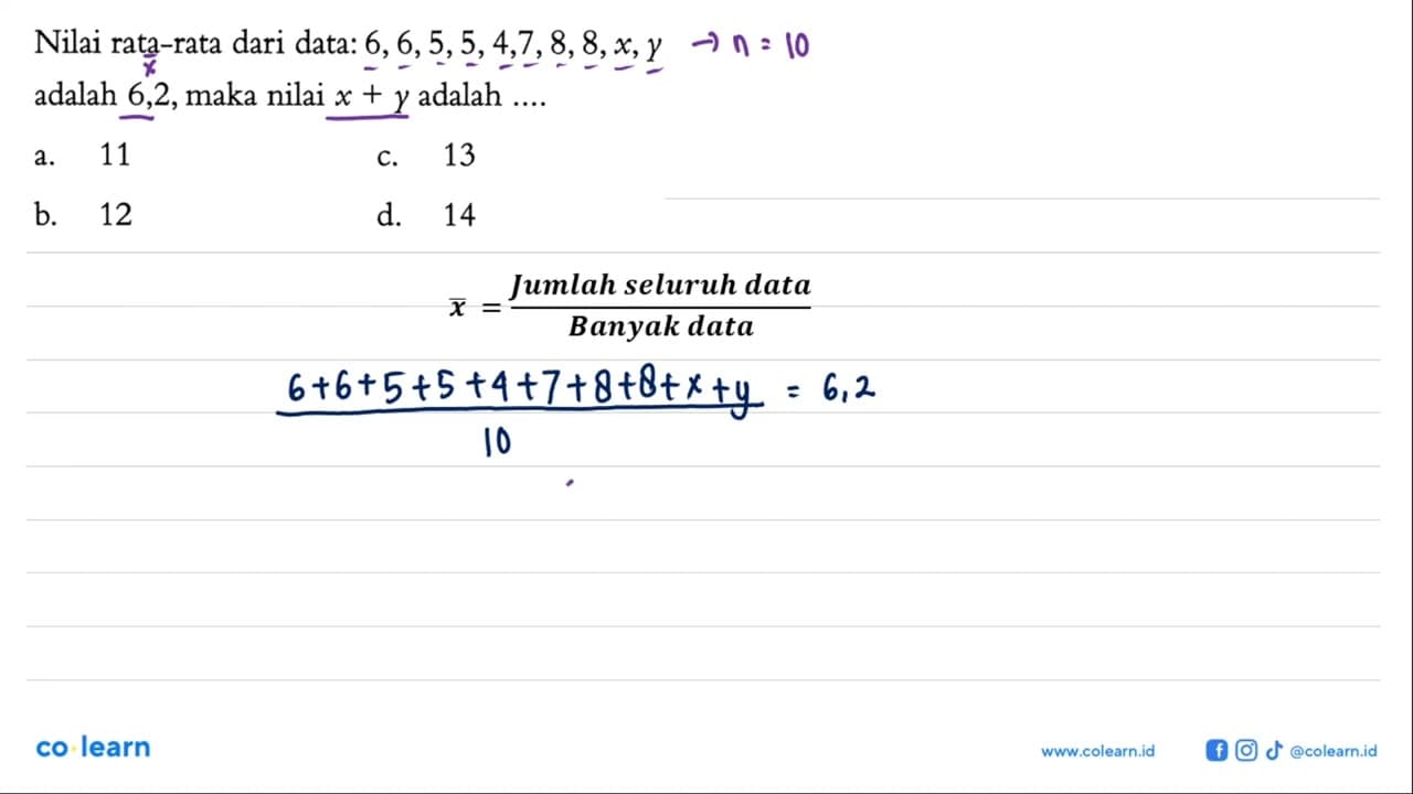 Nilai rata-rata dari data: 6,6,5,5,4,7,8,8, x, y adalah