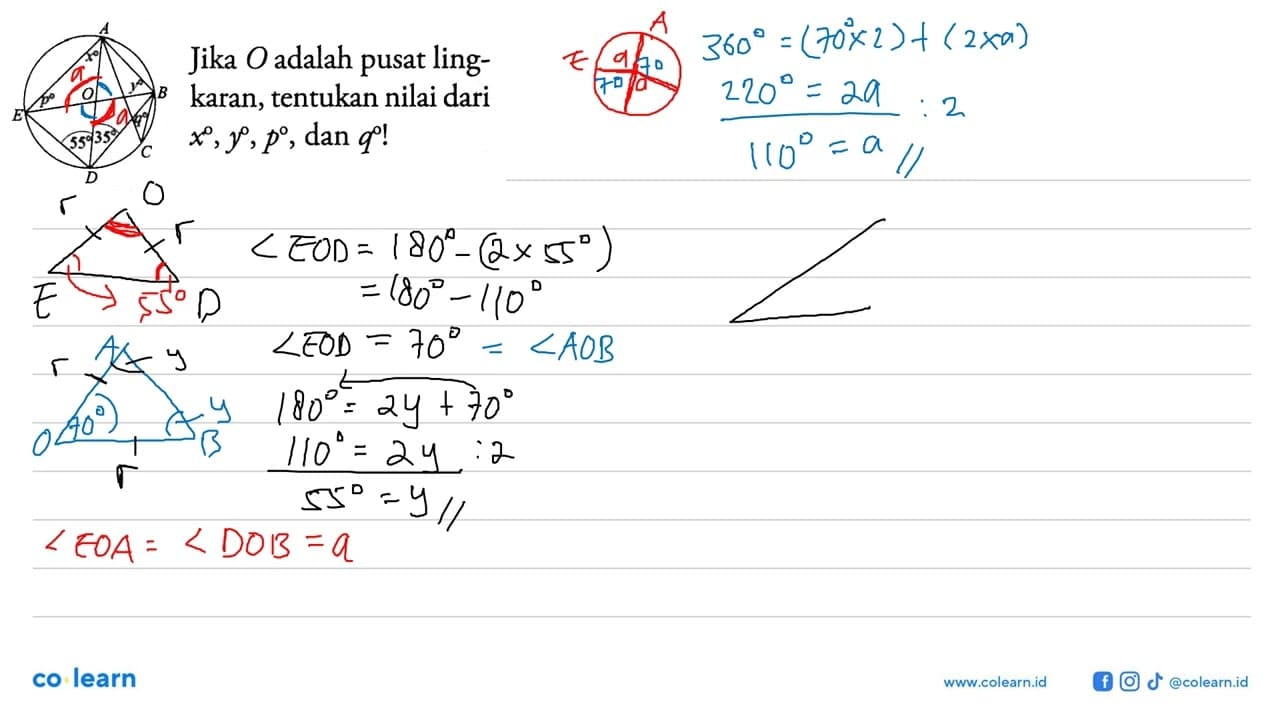 Jika O adalah pusat lingkaran, tentukan nilai dari x, y, p,