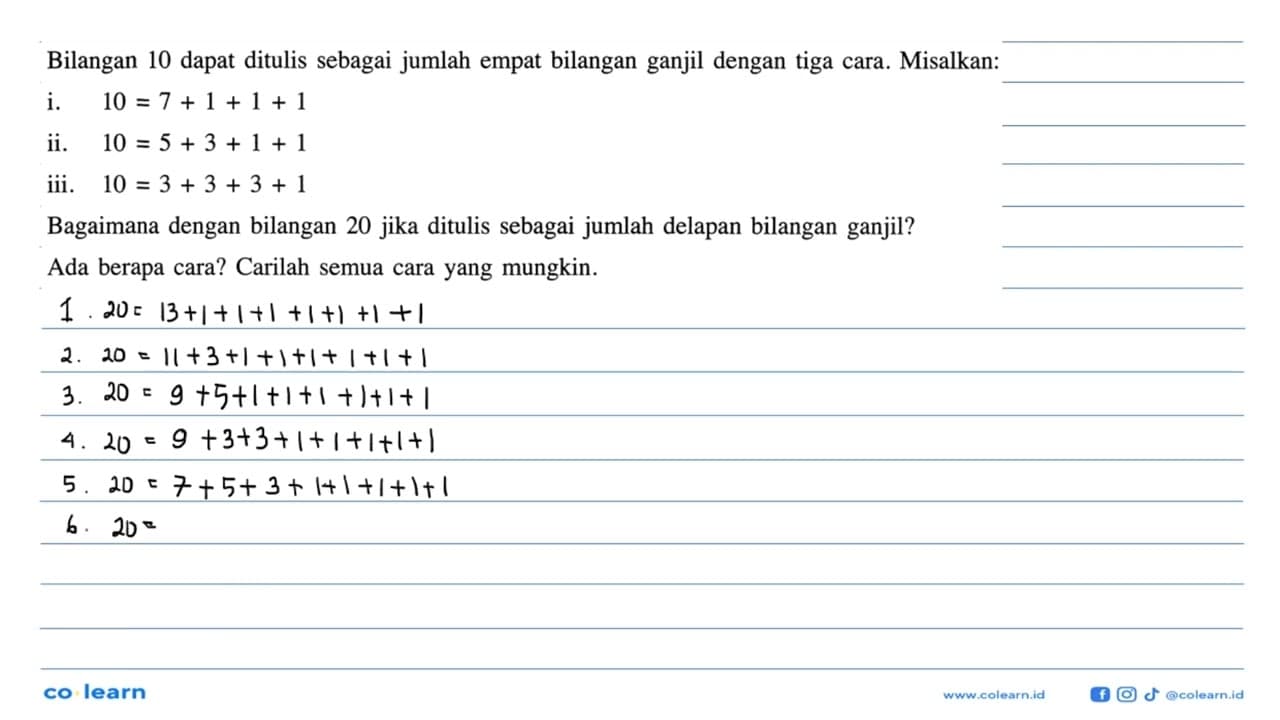 Bilangan 10 dapat ditulis sebagai jumlah empat bilangan