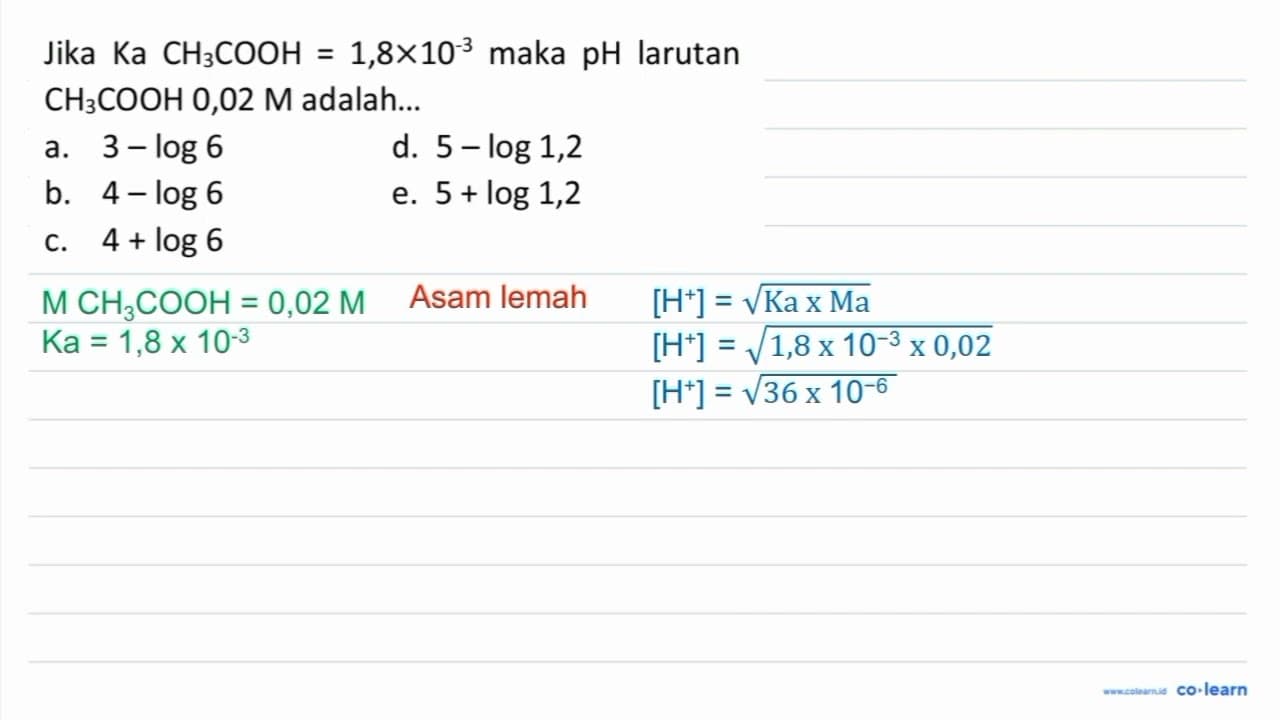 Jika Ka CH3 COOH=1,8 x 10^(-3) maka pH larutan CH3 COOH