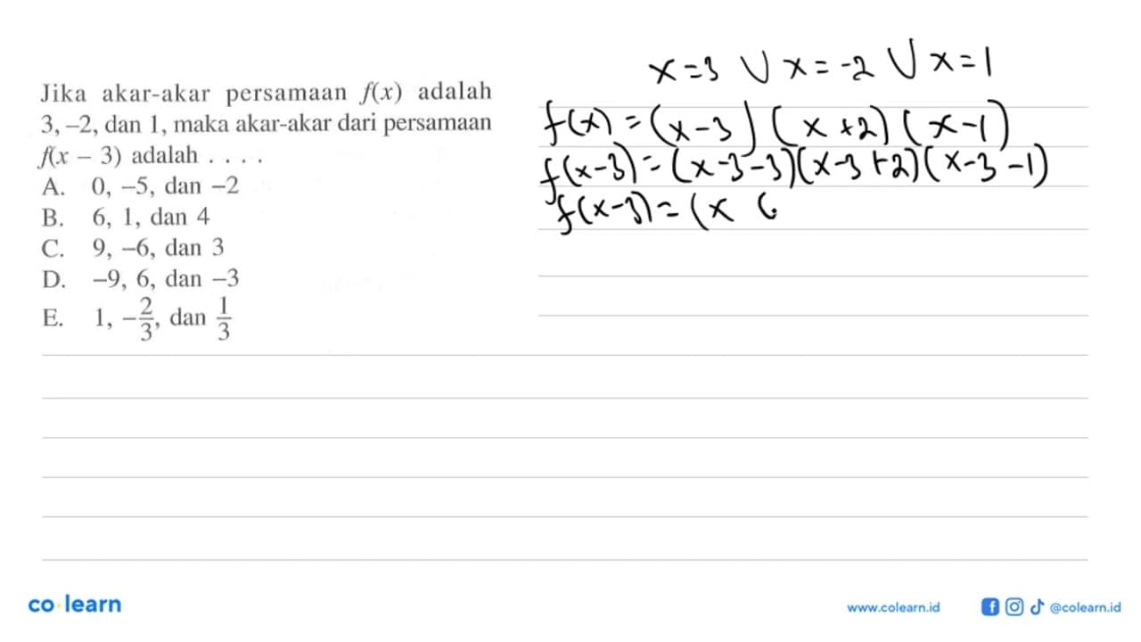 Jika akar-akar persamaan f(x) adalah 3,-2, dan 1, maka