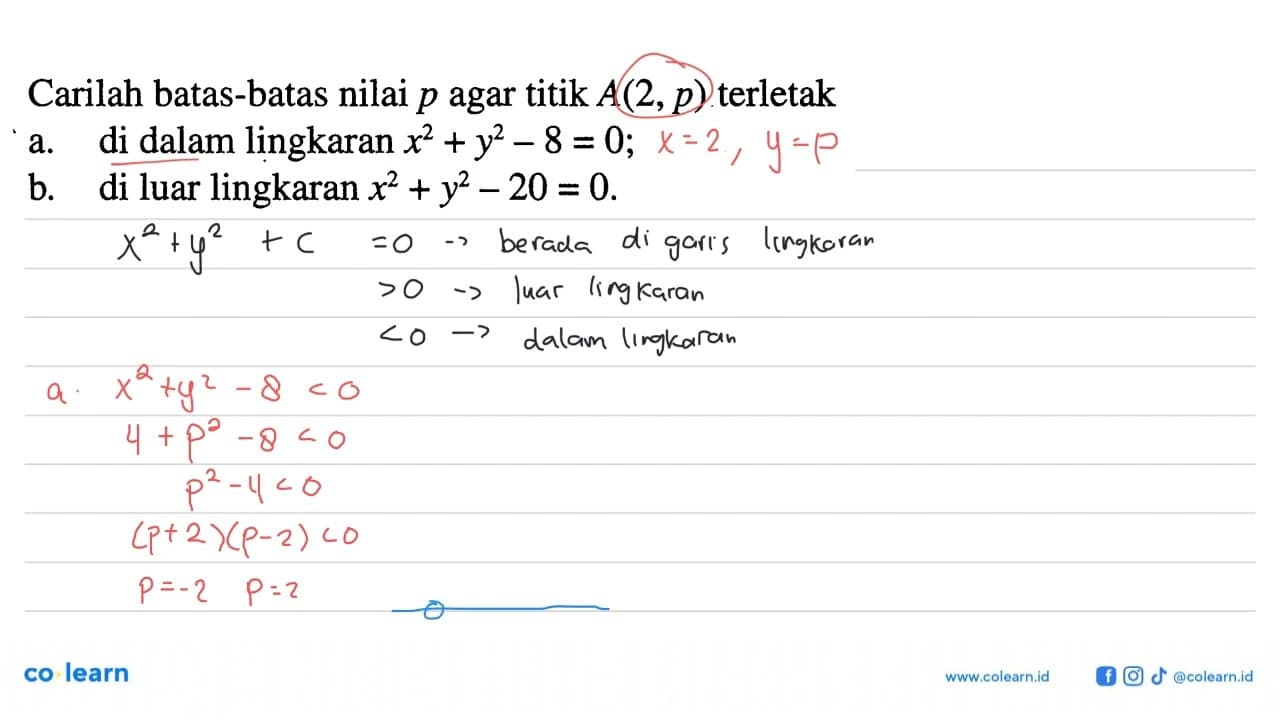 Carilah batas-batas nilai p agar titik A(2,p) terletaka. di