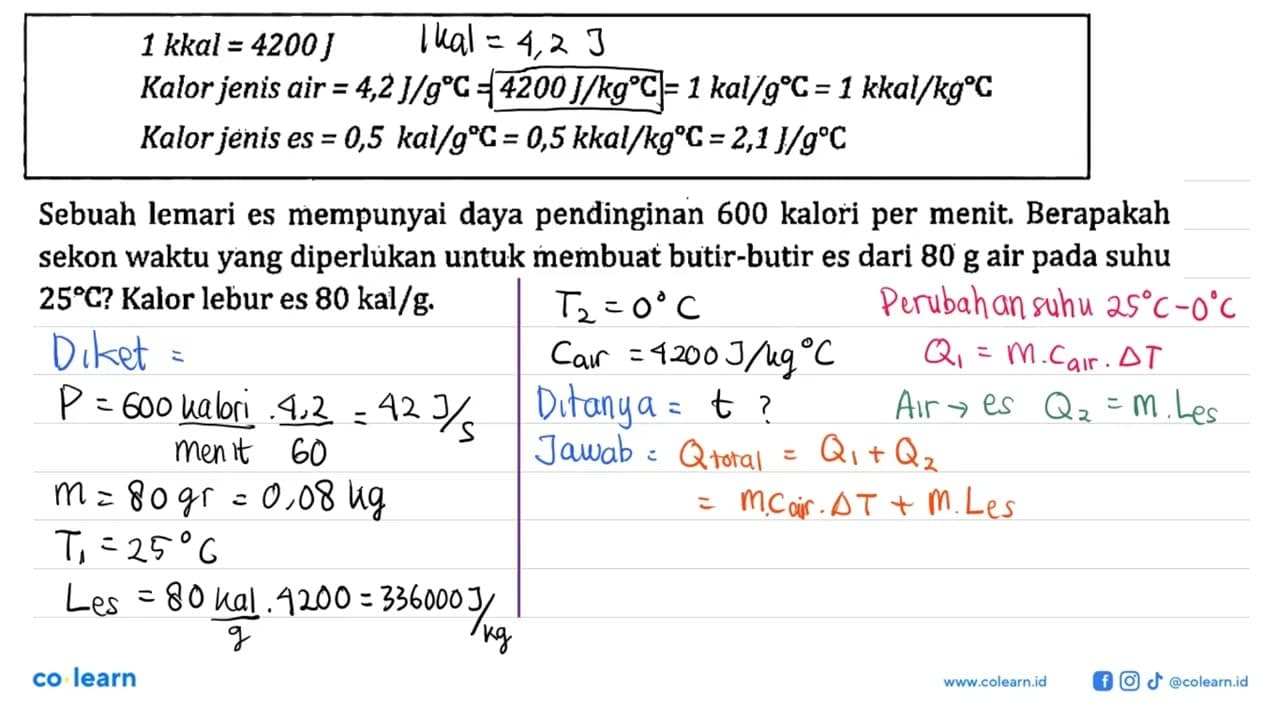 1 kkal = 4200 Kalor jenis air = 4,2 J/g C = 4200 J/kg C = 1