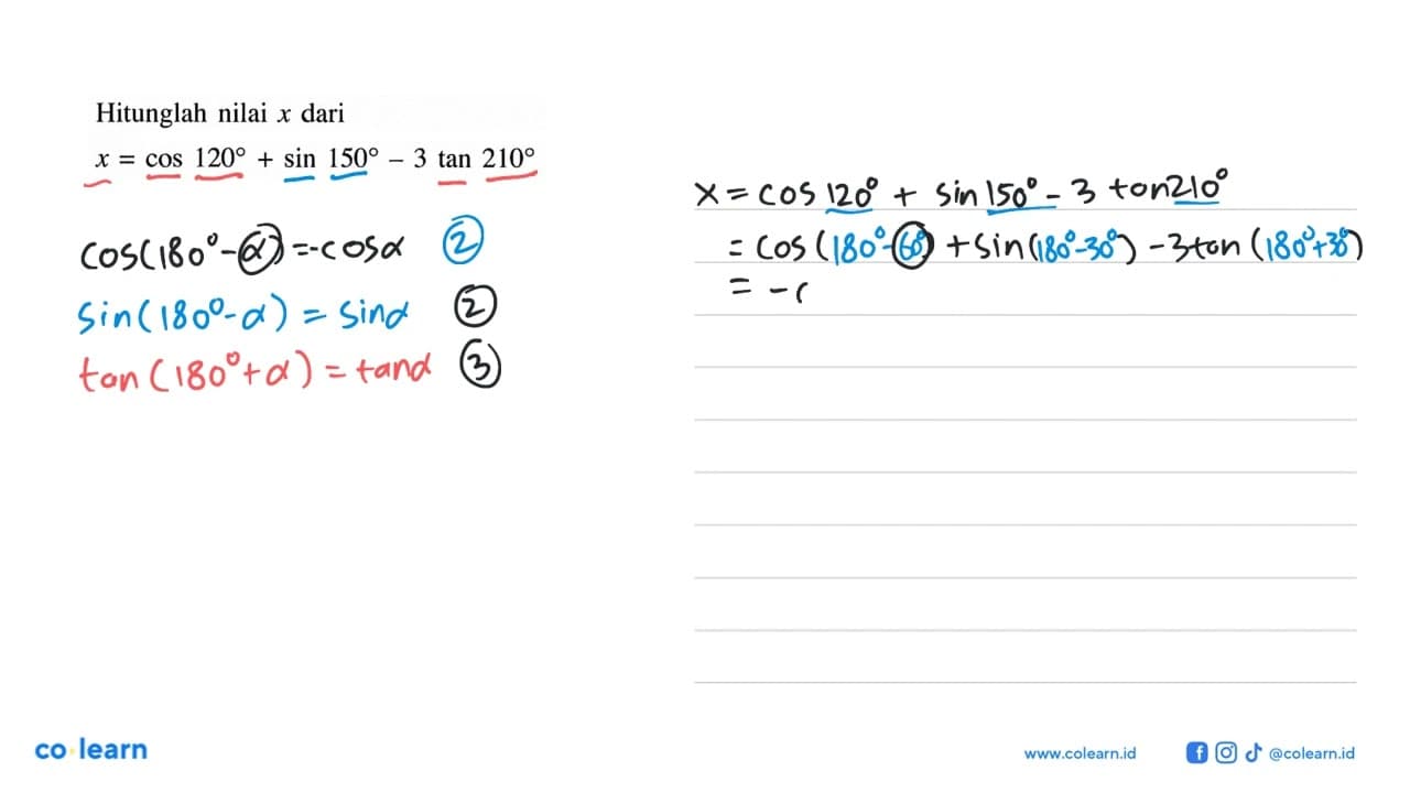 Hitunglah nilai x dari x = cos 120+sin 150-3 tan 210