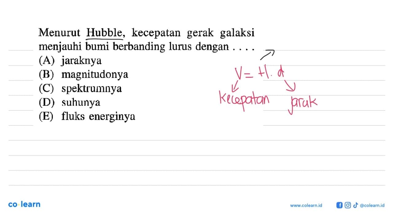 Menurut Hubble, kecepatan gerak galaksi menjauhi bumi