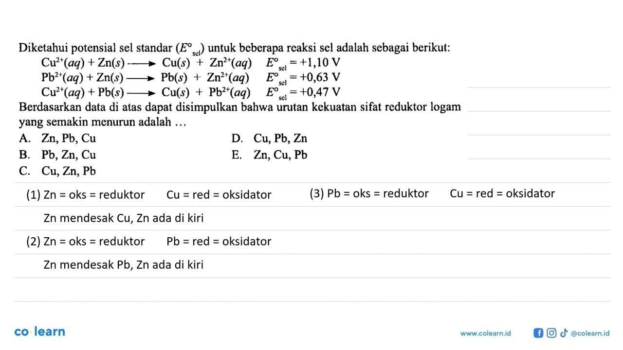 Diketahui potensial sel standar (E sel) untuk beberapa