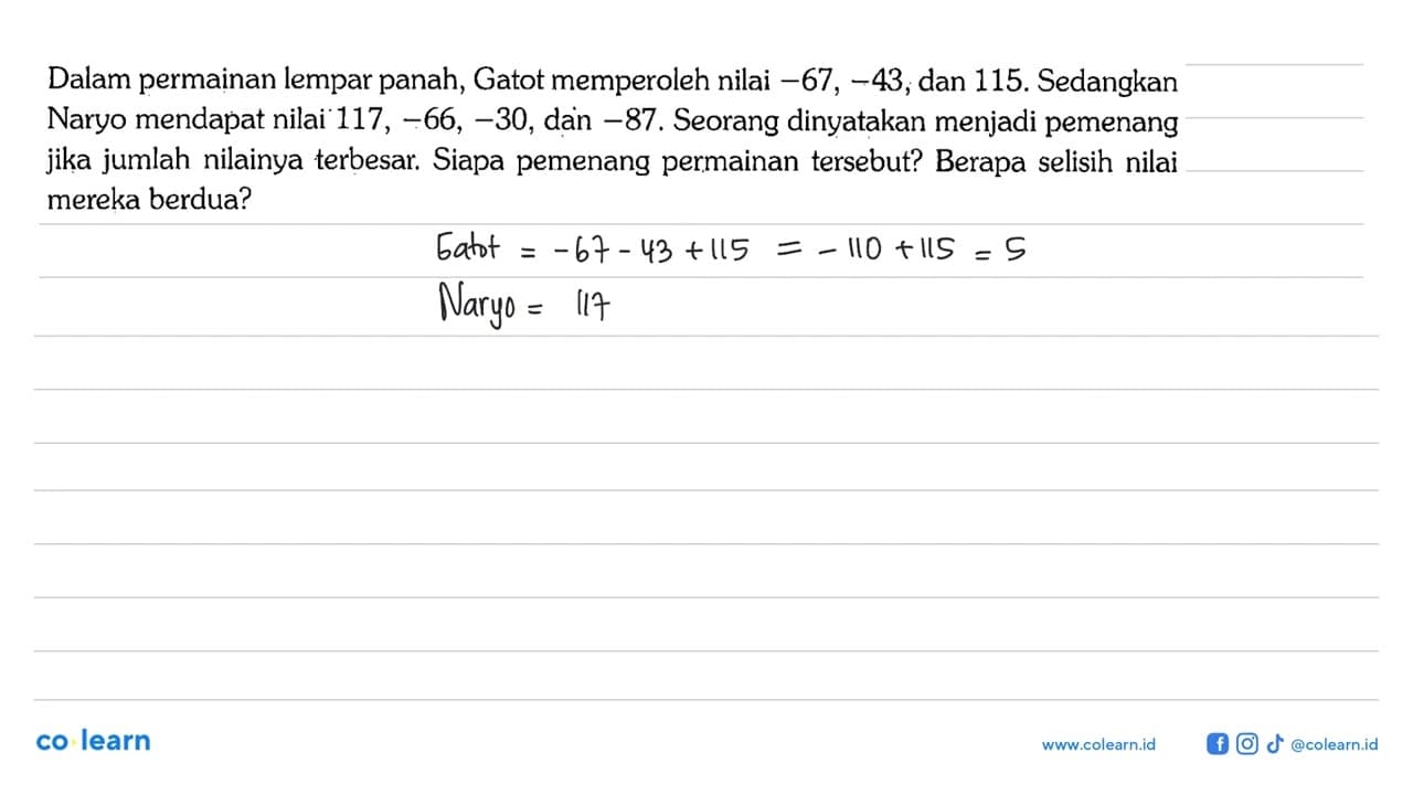 Dalam permainan lempar panah, Gatot memperoleh nilai -67,