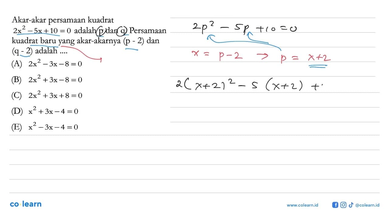 Akar-akar persamaan kuadrat 2x^2 - 5x + 10 = 0 adalah p dan