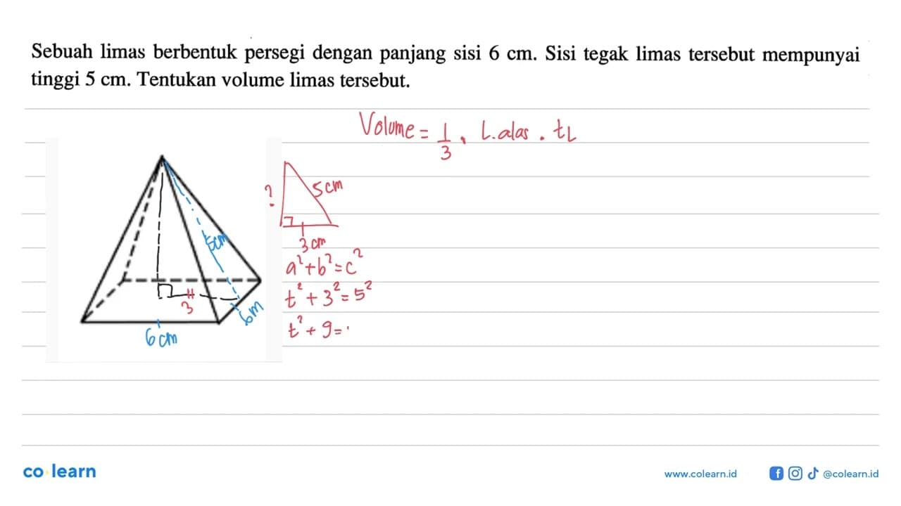 Sebuah limas berbentuk persegi dengan panjang sisi 6 cm.