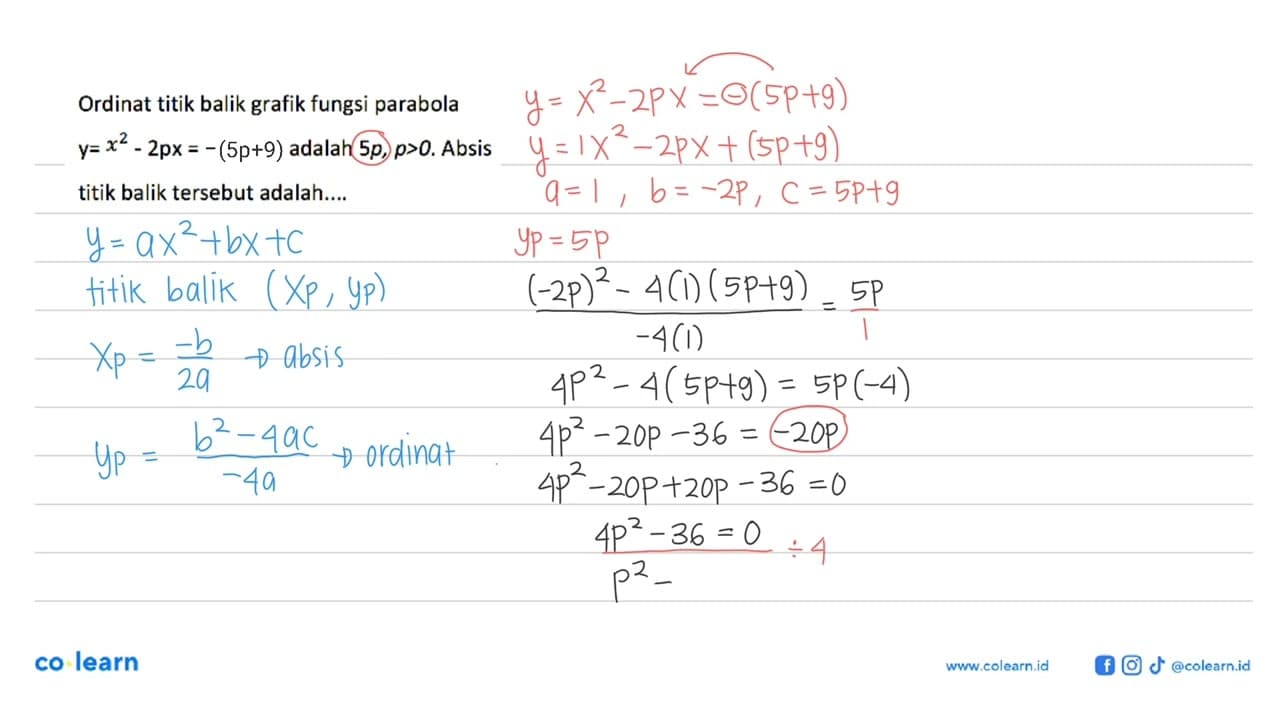 Ordinat titik balik grafik fungsi parabola y=x^2-2px=(5p+9)