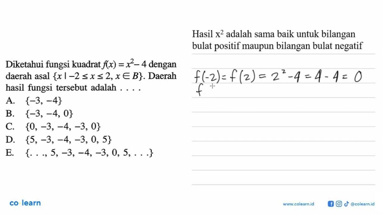 Diketahui fungsi kuadrat f(x)=x^2-4 dengan daerah asal x|-2