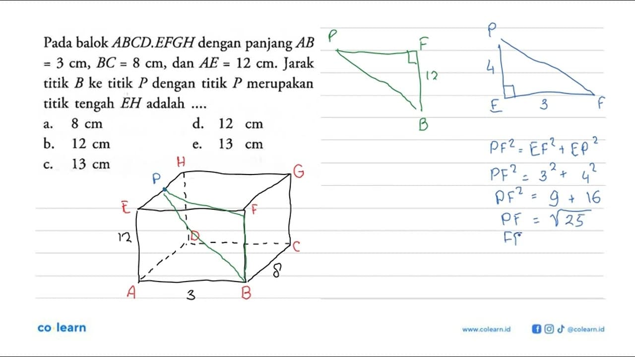 Pada balok ABCD.EFGH dengan panjang AB=3 cm, BC=8 cm, dan