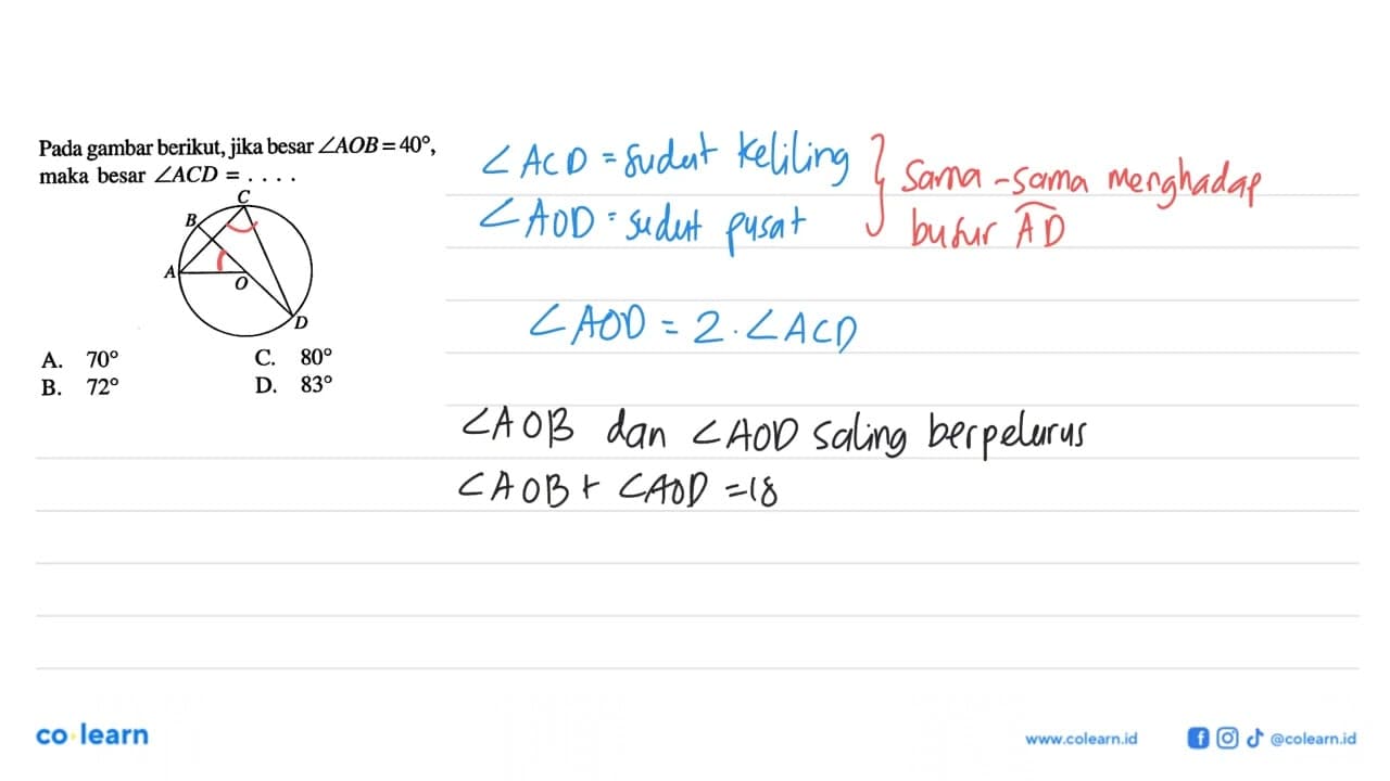 Pada gambar berikut, jika besar sudut AOB=40, maka besar