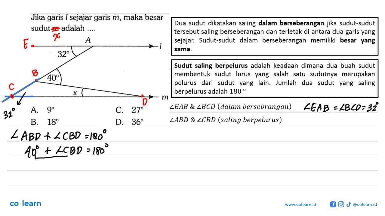 Jika garis l sejajar garis m, maka besar sudut m adalah...