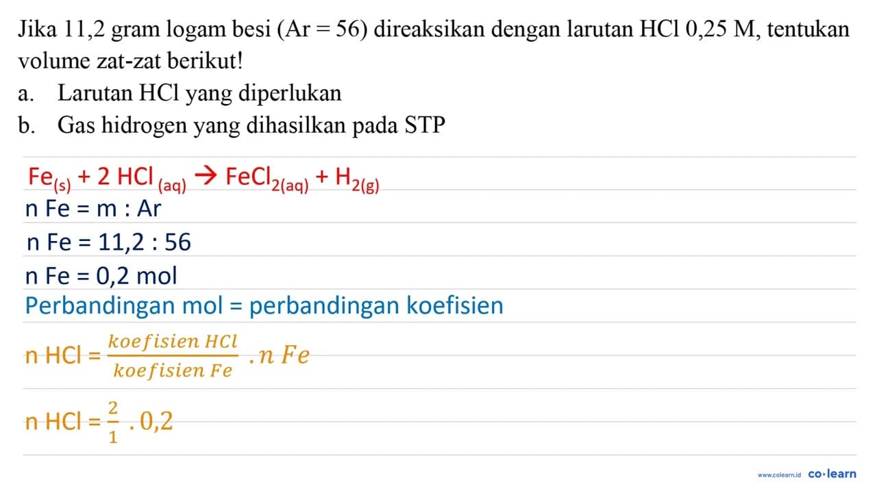 Jika 11,2 gram logam besi (Ar=56) direaksikan dengan