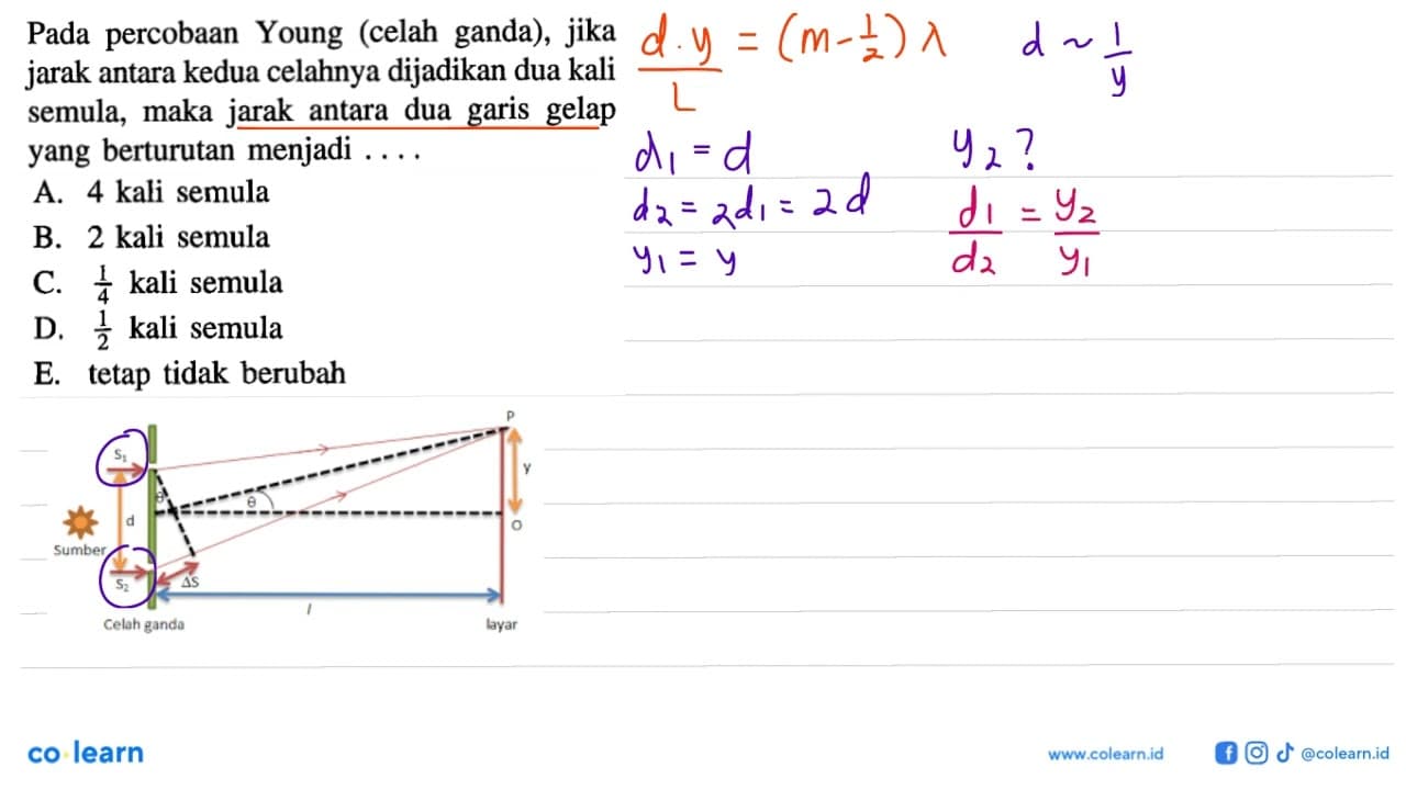 Pada percobaan Young (celah ganda), jika jarak antara kedua
