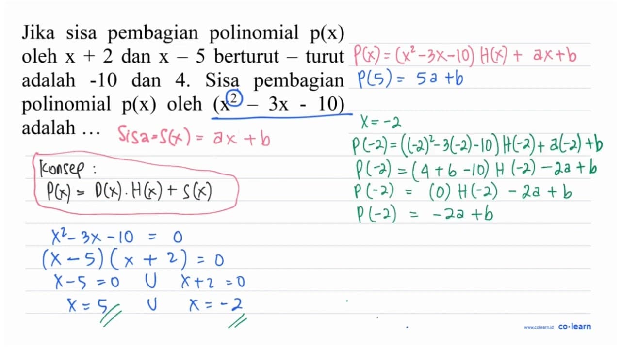 Jika sisa pembagian polinomial p(x) oleh x+2 dan x-5