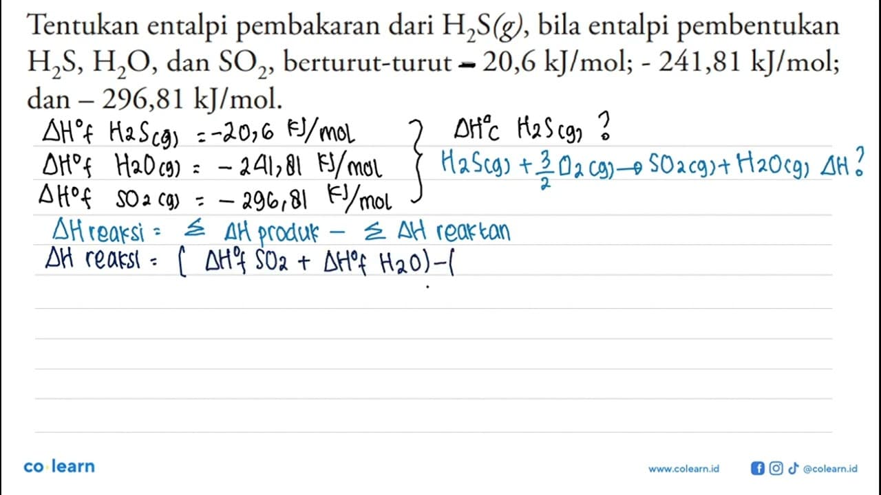 Tentukan entalpi pembakaran dari H2S (g), bila entalpi