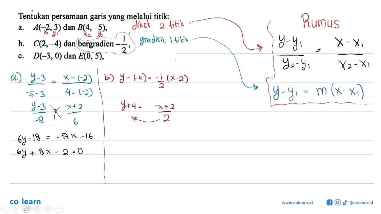 Tentukan persamaan garis yang melalui titik: a. A(-2,3) dan