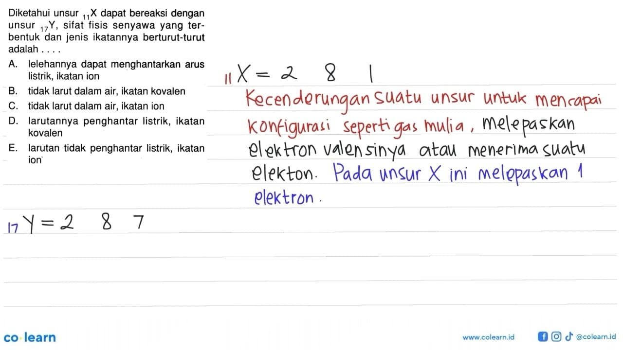 Diketahui unsur 11 X dapat bereaksi dengan unsur 17 Y,