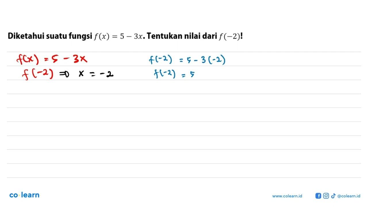 Diketahui suatu fungsi f(x) = 5 - 3x. Tentukan nilai dari