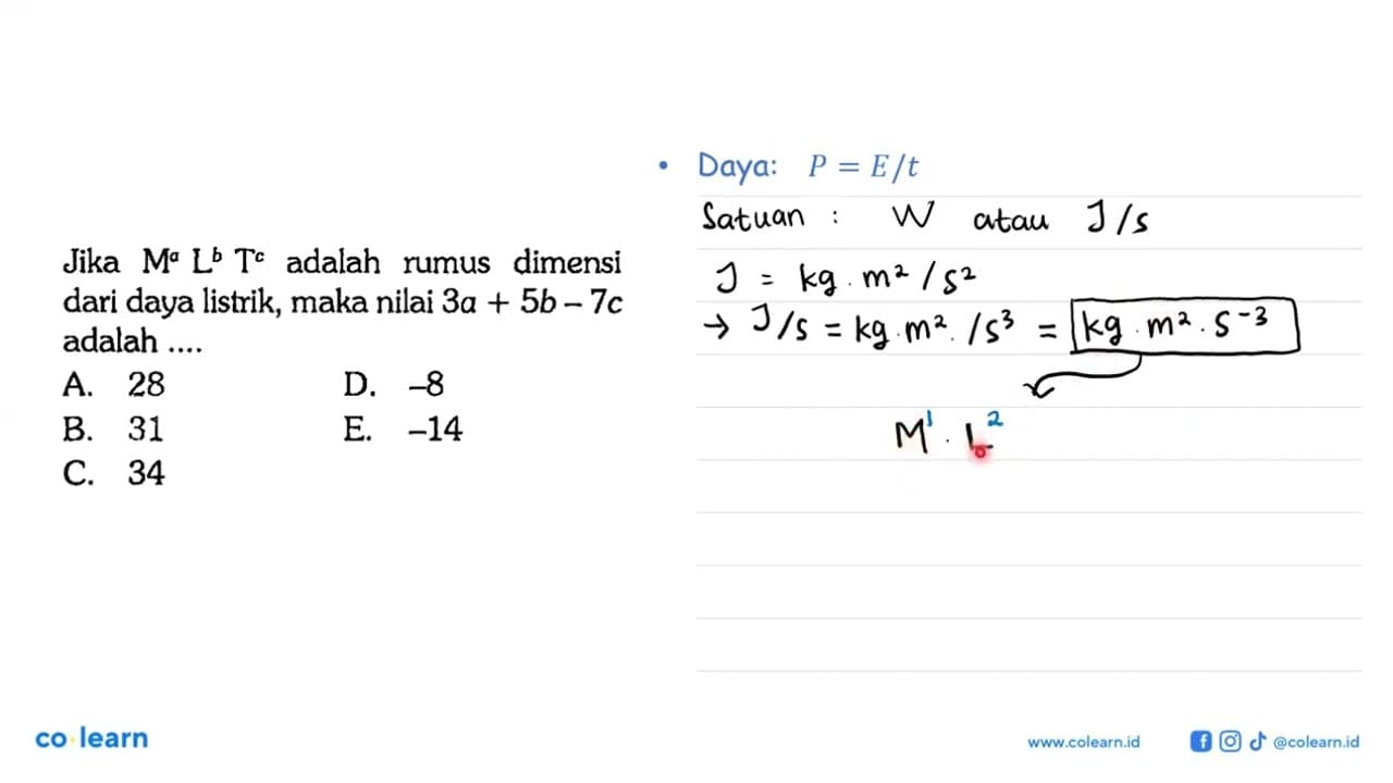 Jika M^a L^b T^c adalah rumus dimensi dari daya listrik,