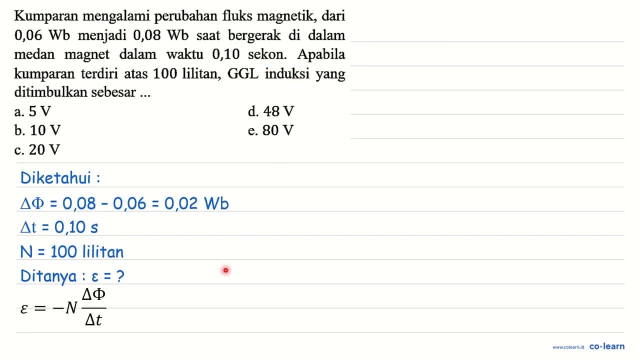 Kumparan mengalami perubahan fluks magnetik, dari 0,06 Wb