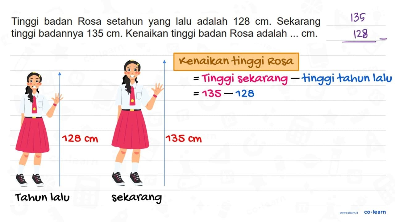 Tinggi badan Rosa setahun yang lalu adalah 128 cm .