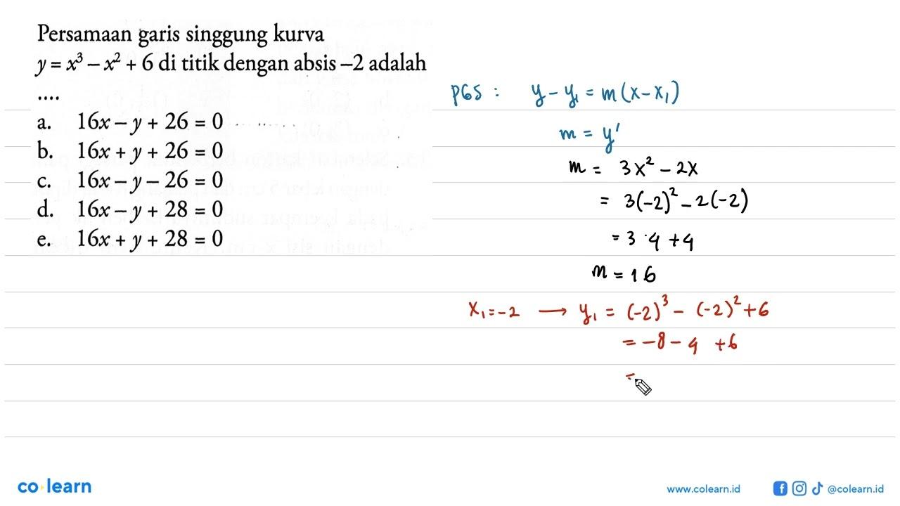 Persamaan garis singgung kurva y=x^3-x^2+6 di titik dengan