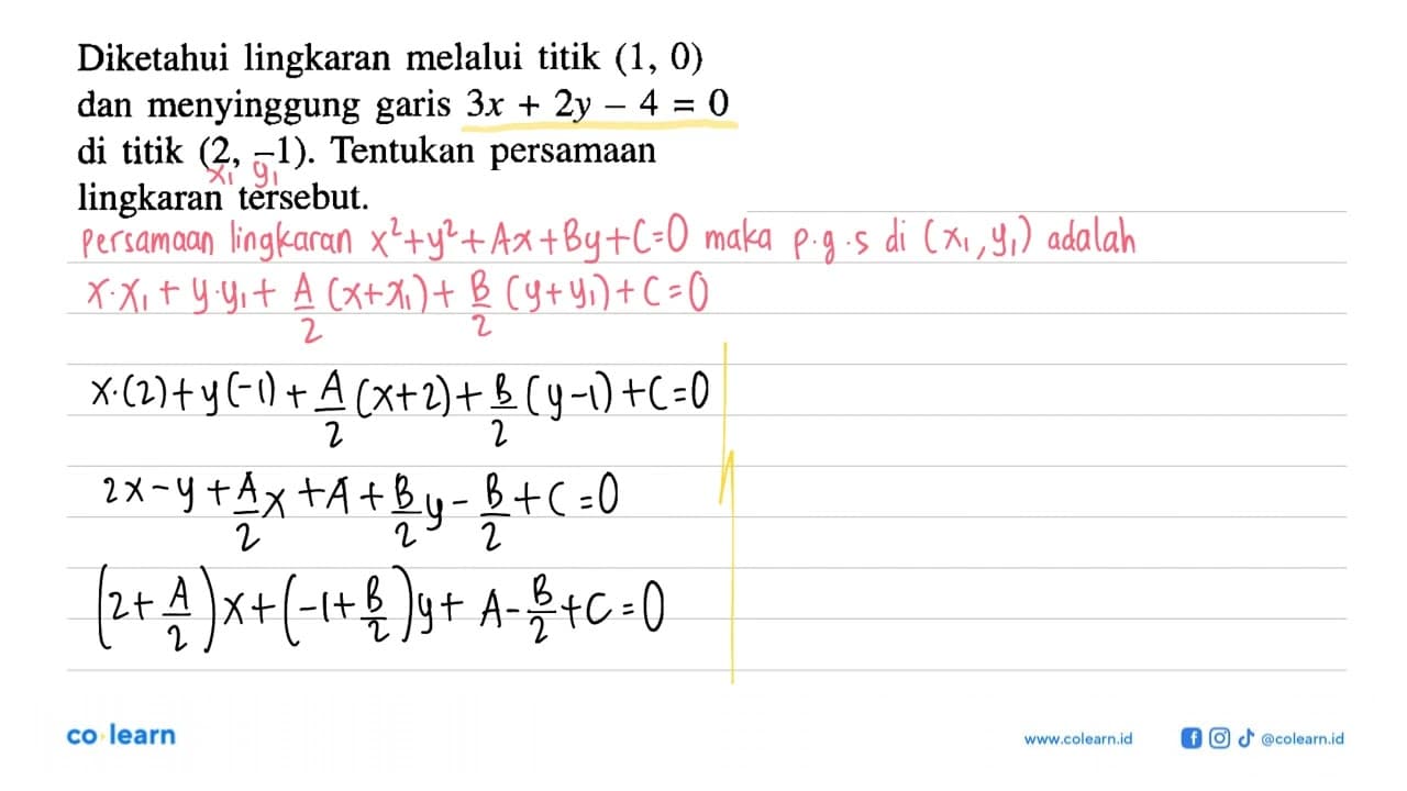 Diketahui lingkaran melalui titik (1,0) dan menyinggung