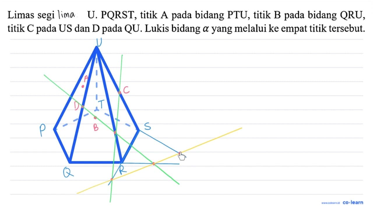 Limas segi empat U. PQRST, titik A pada bidang PTU, titik B