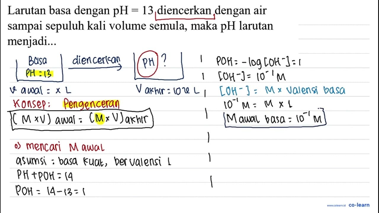 Larutan basa dengan pH =13 diencerkan dengan air sampai