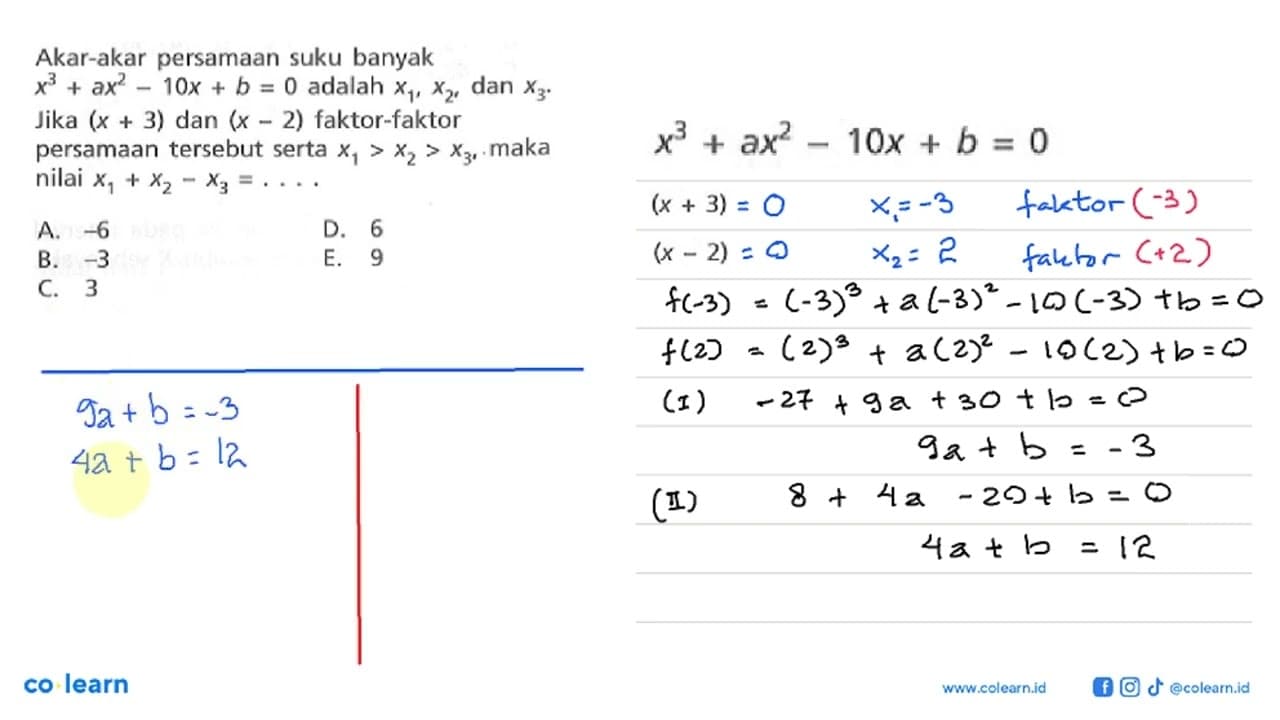 Akar-akar persamaan suku banyak x^3+ax^2-10x+b=0 adalah x1,