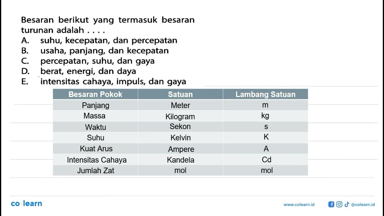 Besaran berikut yang termasuk besaran turunan adalah ....A.