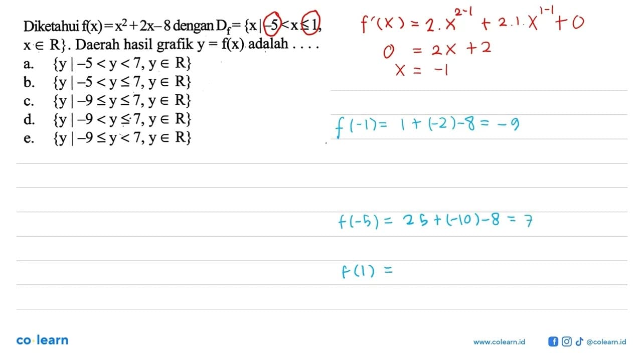 Diketahui f(x)=x^2+2x-8 dengan Df={x|-5<x<=1}xeR. Daerah