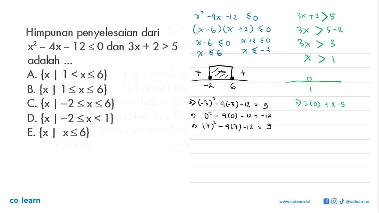 Himpunan penyelesaian dari x^2-4x-12<=0 dan 3x+2>5 adalah