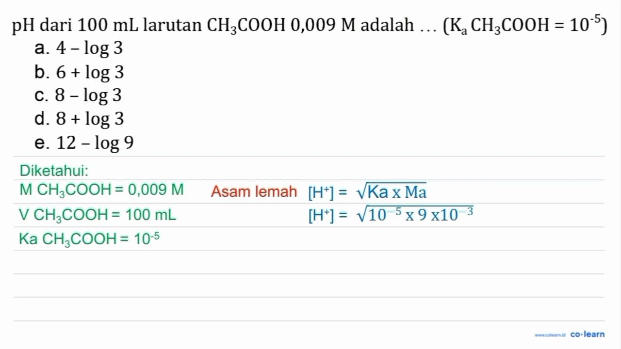 pH dari 100 mL larutan CH3 COOH 0,009 M adalah ...(Ka CH3