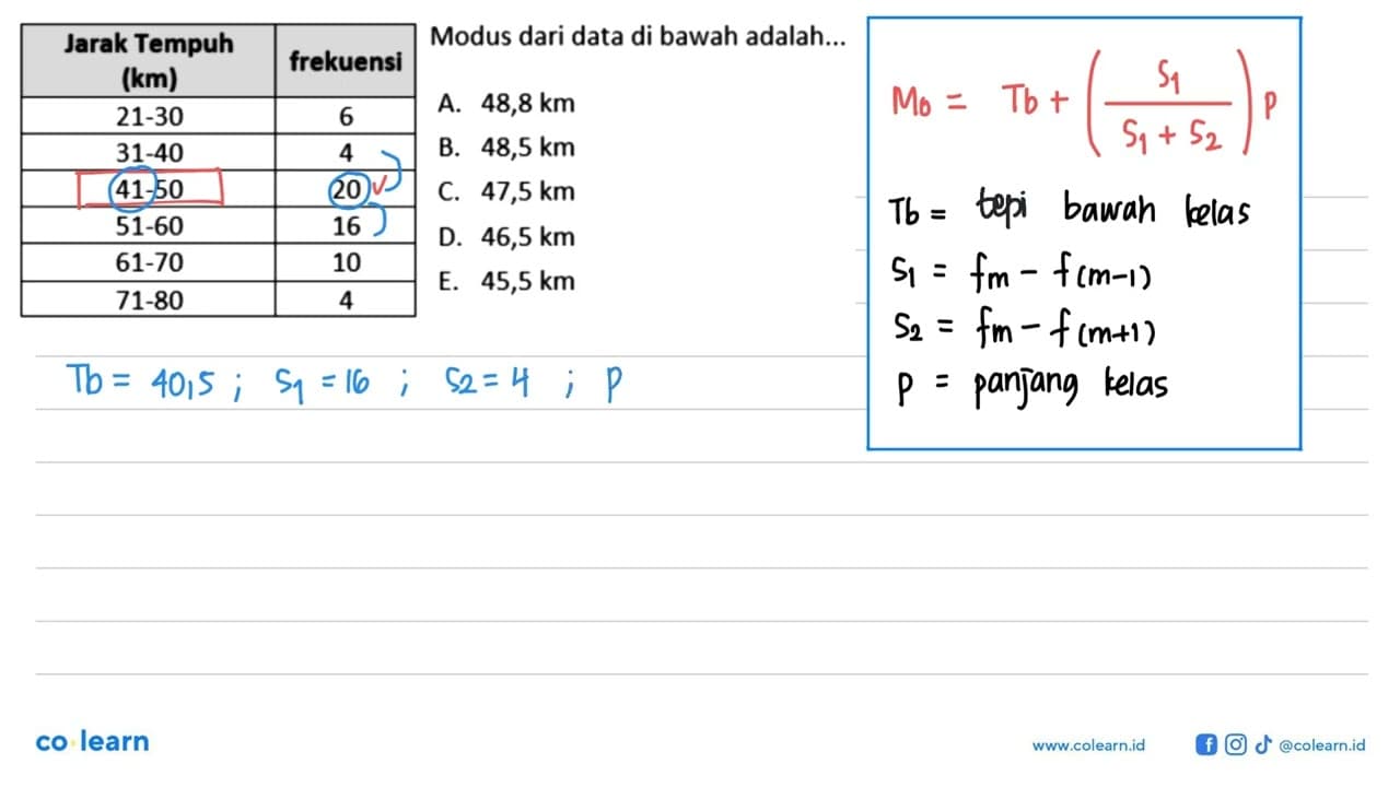 Jarak Tempuh (km) frekuensi 21-30 6 31-40 4 41-50 20 51-60