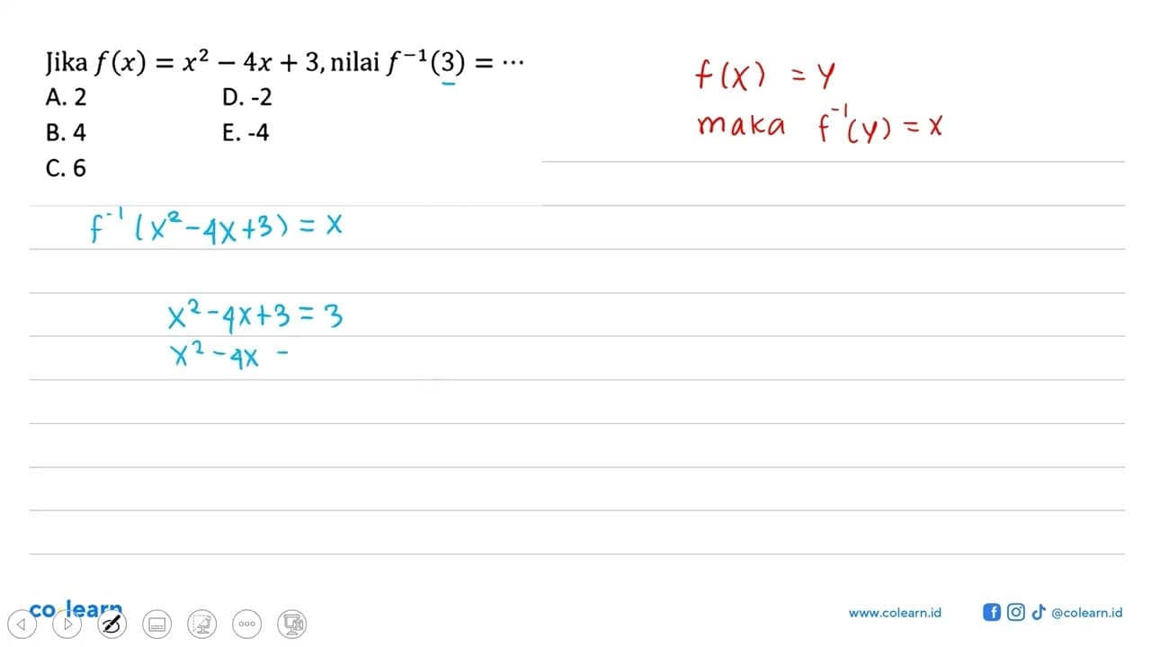 Jika f(x)=x^2-4x+3, nilai f^(-1)(3)=...