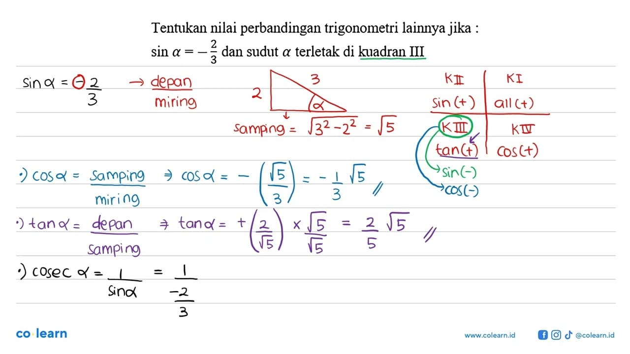 Tentukan nilai perbandingan trigonometri lainnya jika : sin